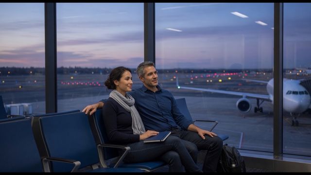 A person with a symptom diary and medical alert card sitting calmly at an airport gate near a window showing a parked aircraft, with a supportive companion nearby