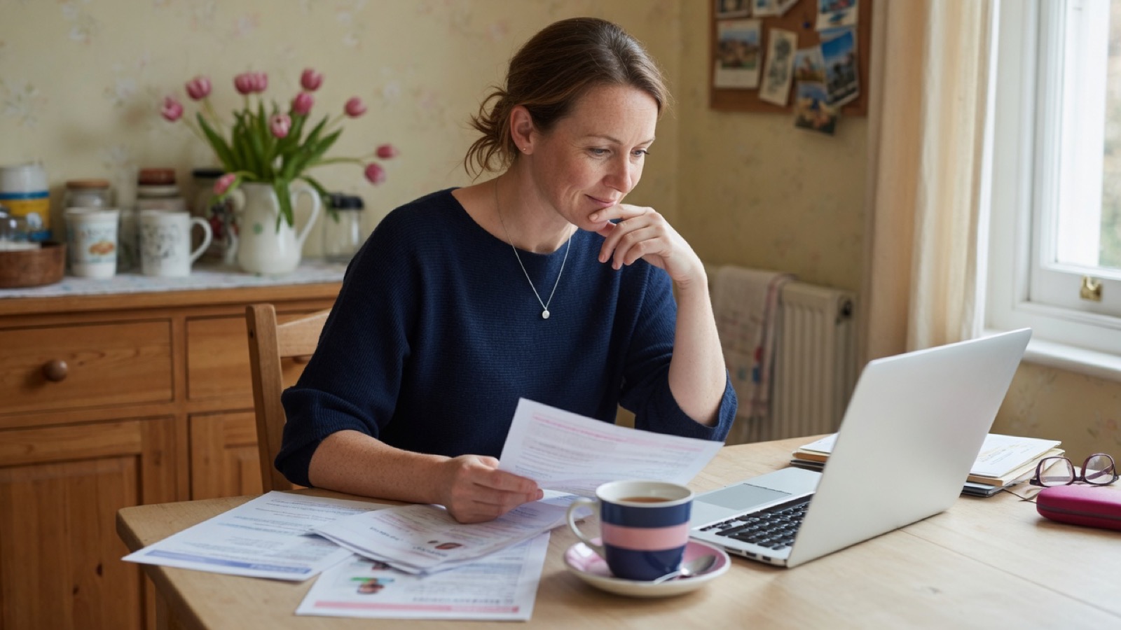 A woman carefully reading medical information at home while researching FND treatment options on a laptop