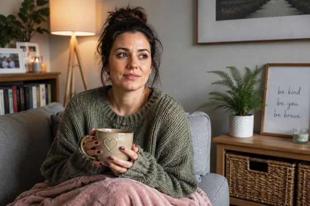 A woman sitting on a sofa holding a mug in a calm living room