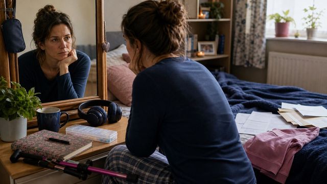 A tired person sitting by a mirror with headphones, a symptom diary, medication organiser, paperwork and a folded walking stick nearby