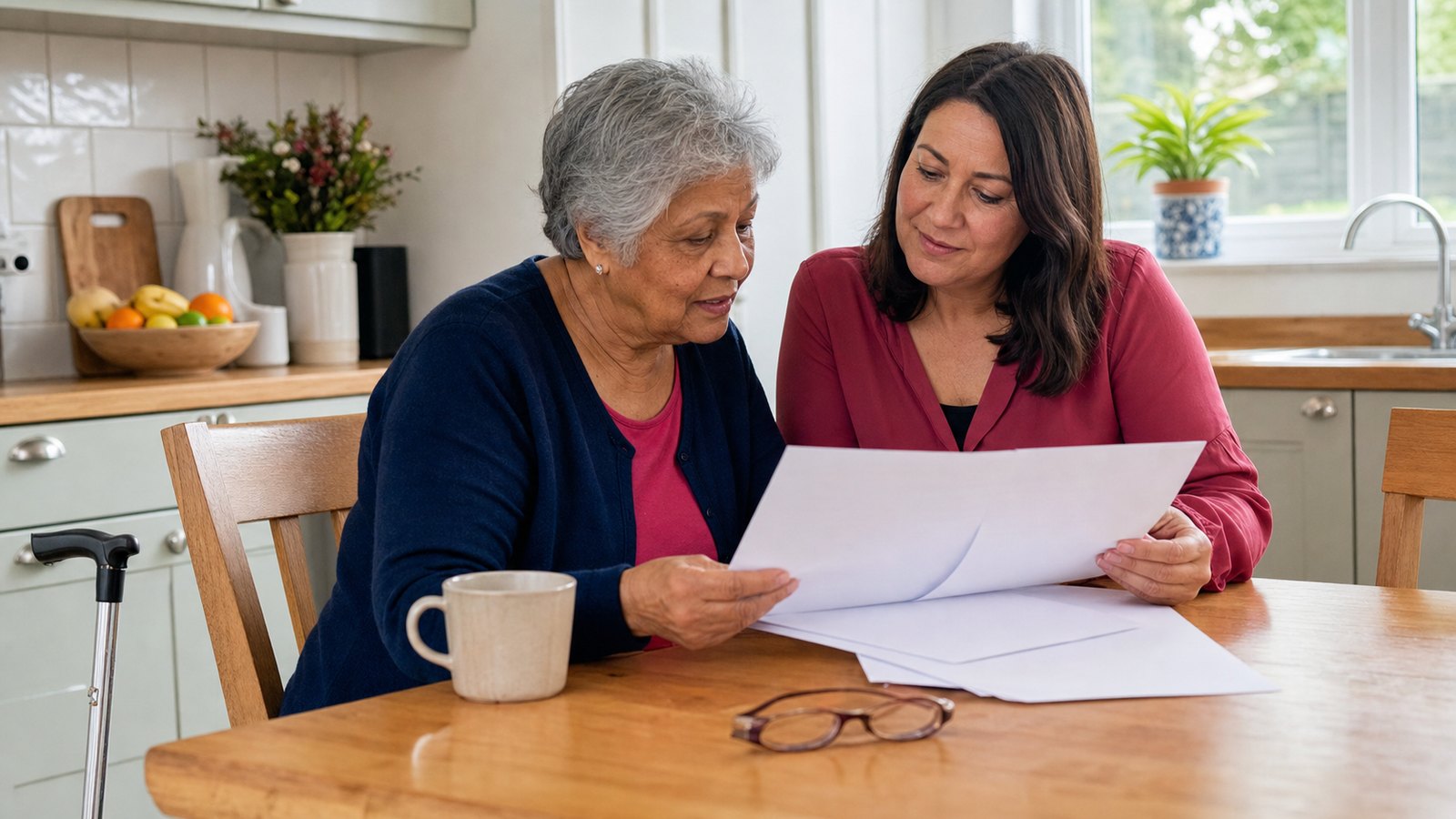 An older adult and relative reviewing blank paperwork together at a kitchen table, with a walking stick nearby