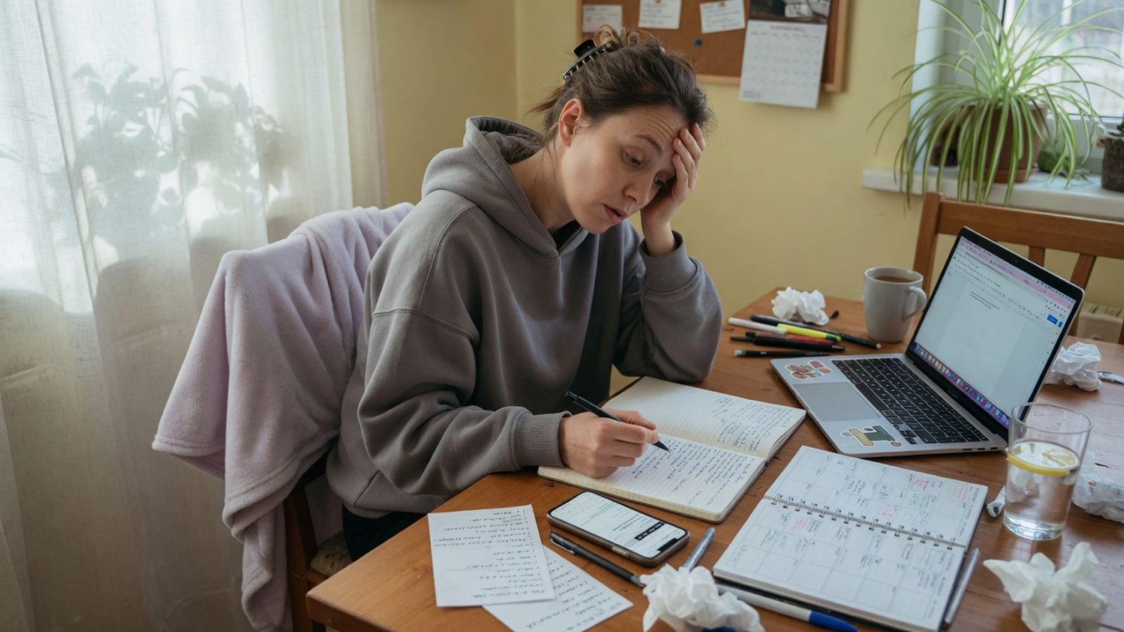 A tired person at a table with notebook, phone and planner, looking mentally fatigued in a calm home setting, representing brain fog and cognitive symptoms with FND