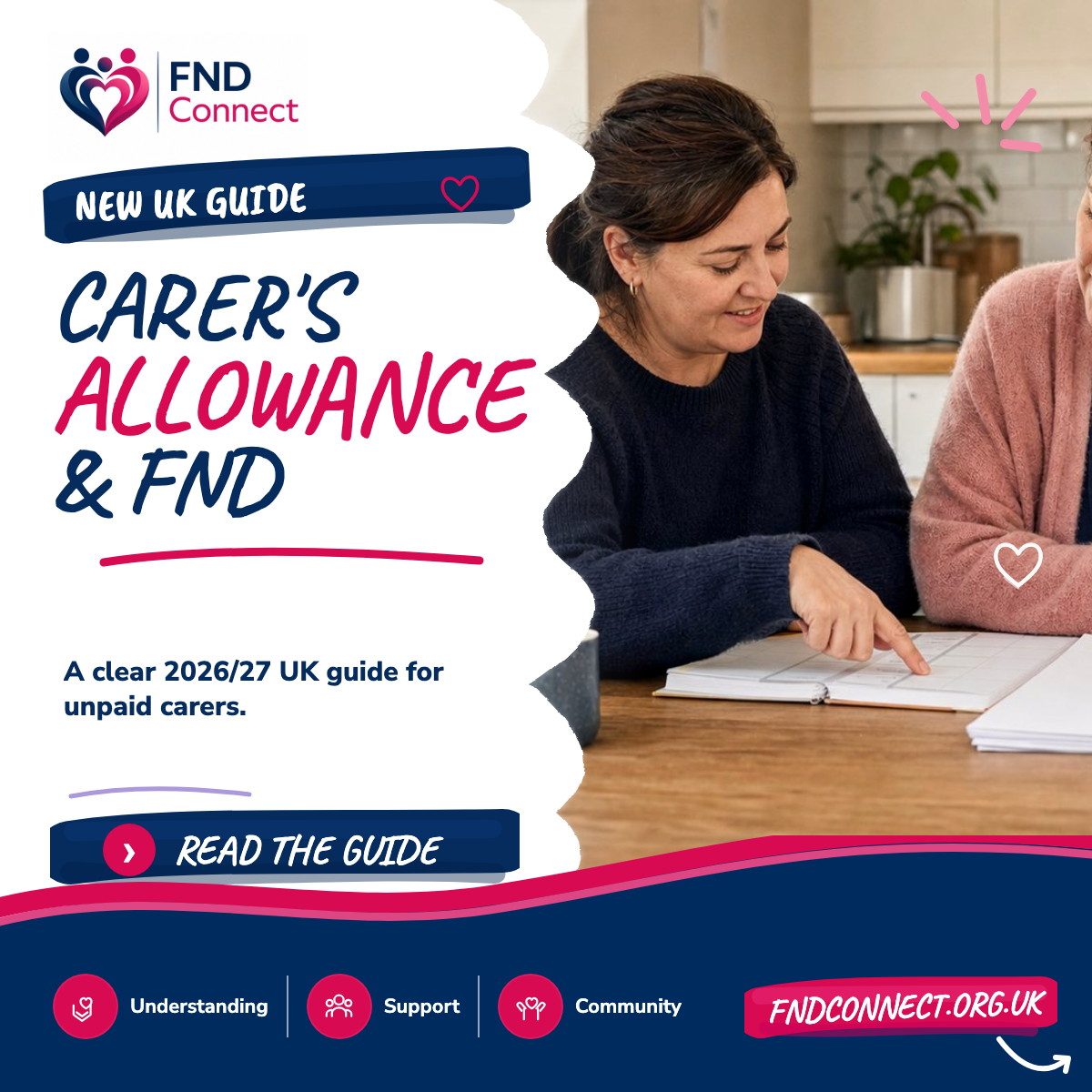 FND Connect graphic reading Carer's Allowance and FND, beside two adults reviewing paperwork together at a kitchen table