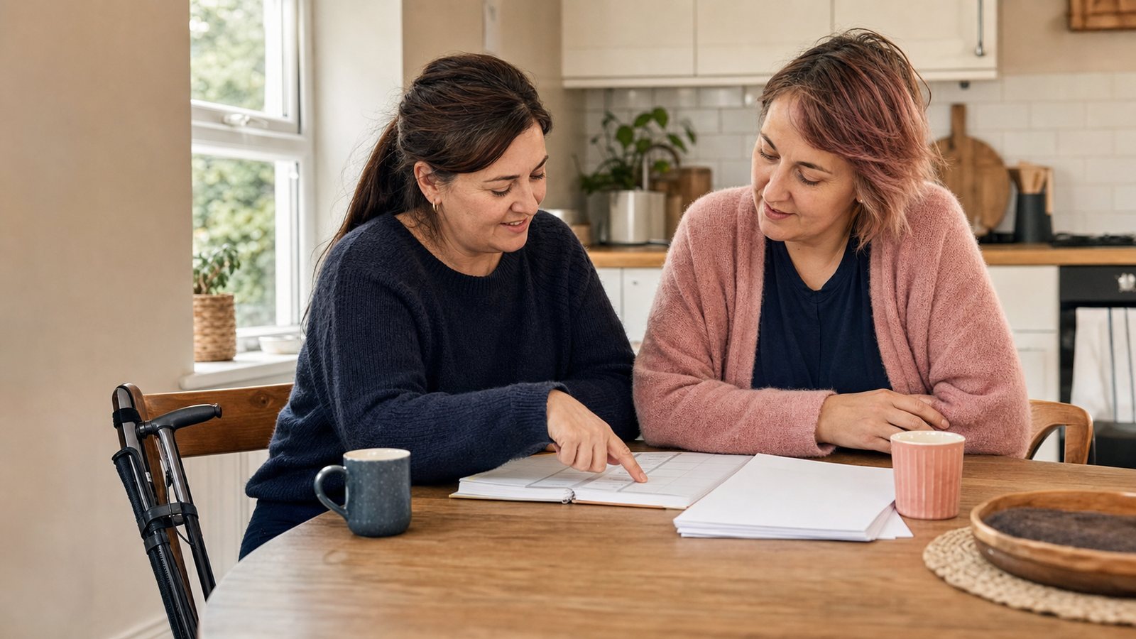 Two adults reviewing a blank weekly planner and paperwork together at a kitchen table, with a folded walking stick beside the chair