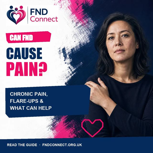 FND Connect graphic asking Can FND cause pain, with a woman holding her shoulder and the words chronic pain, flare-ups and what can help