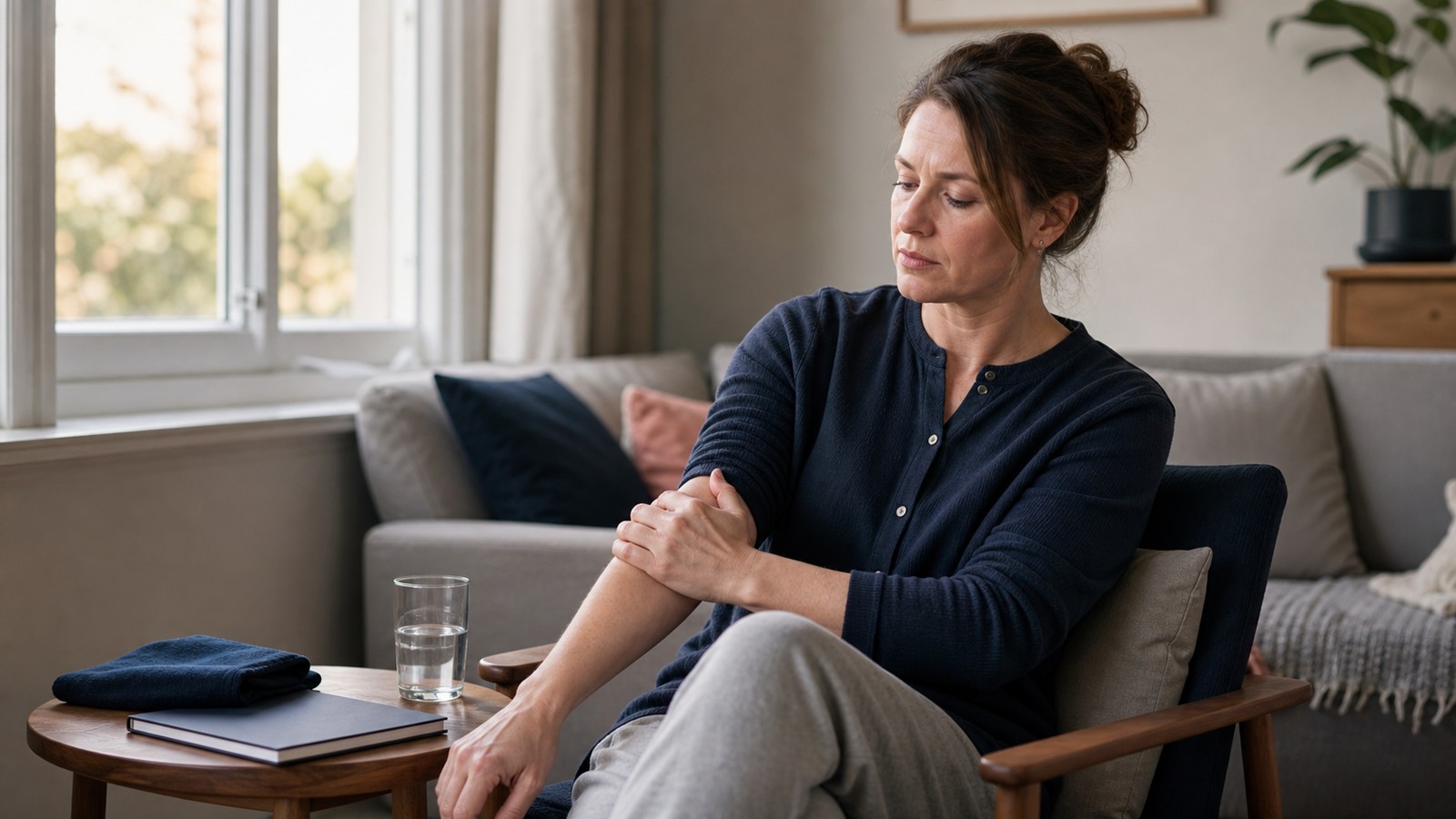 A woman sitting at home in soft daylight, gently holding her forearm beside a heat pack, notebook and glass of water