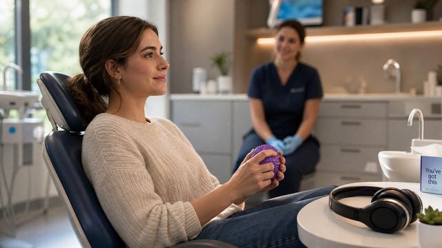 A calm person sitting in a dental chair holding a stress ball, with a supportive dentist in the background and noise-canceling headphones nearby.