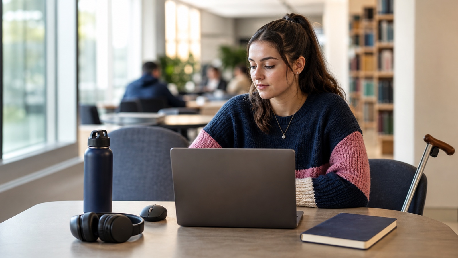 A university student using a laptop, headphones and ergonomic mouse at a library desk, with a walking stick beside the chair