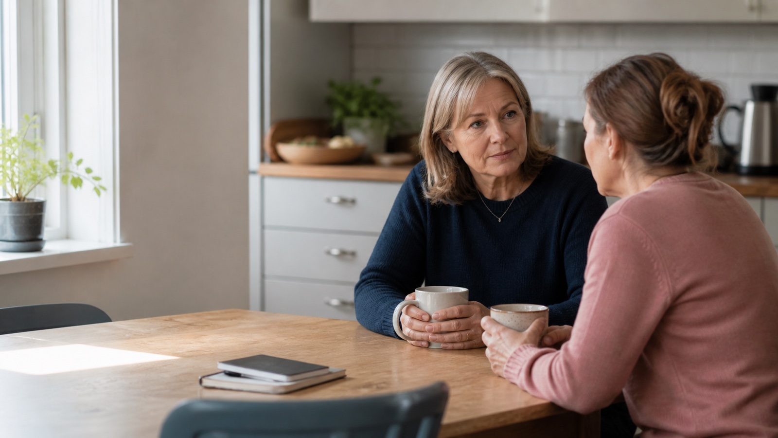 Two women having a private, supportive conversation at a kitchen table