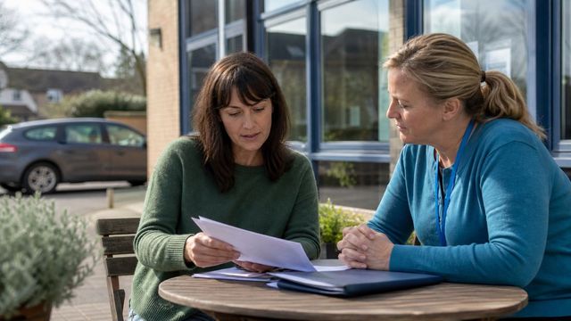A person reviewing driving and medical paperwork with a clinician outside a health clinic, with a parked car nearby