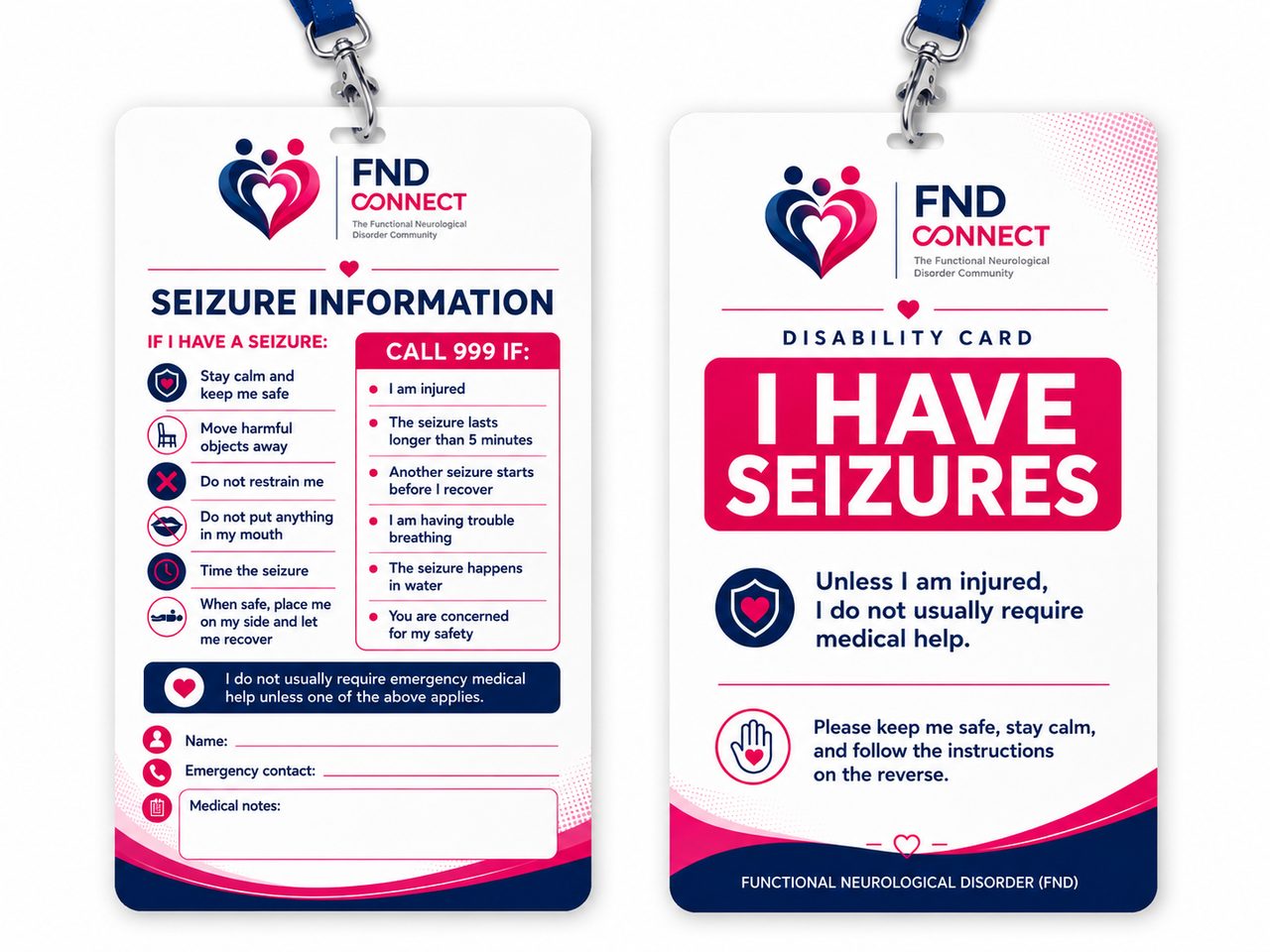 FND Connect I Have Seizures disability card, front and back, on a blue lanyard