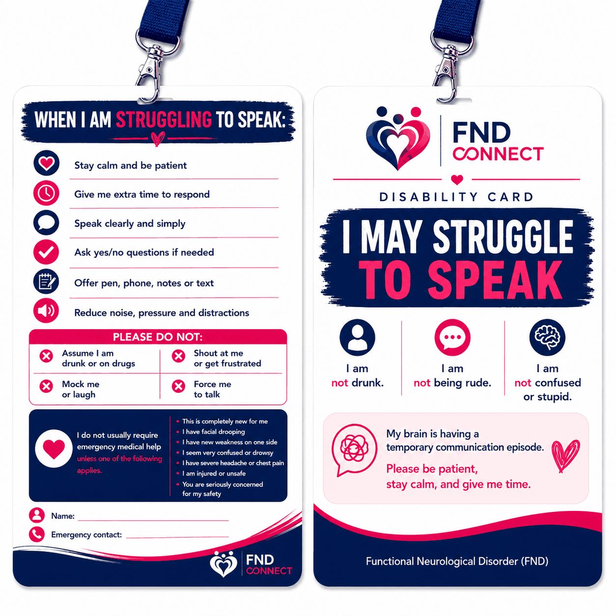 FND Connect I May Struggle to Speak disability card on a lanyard