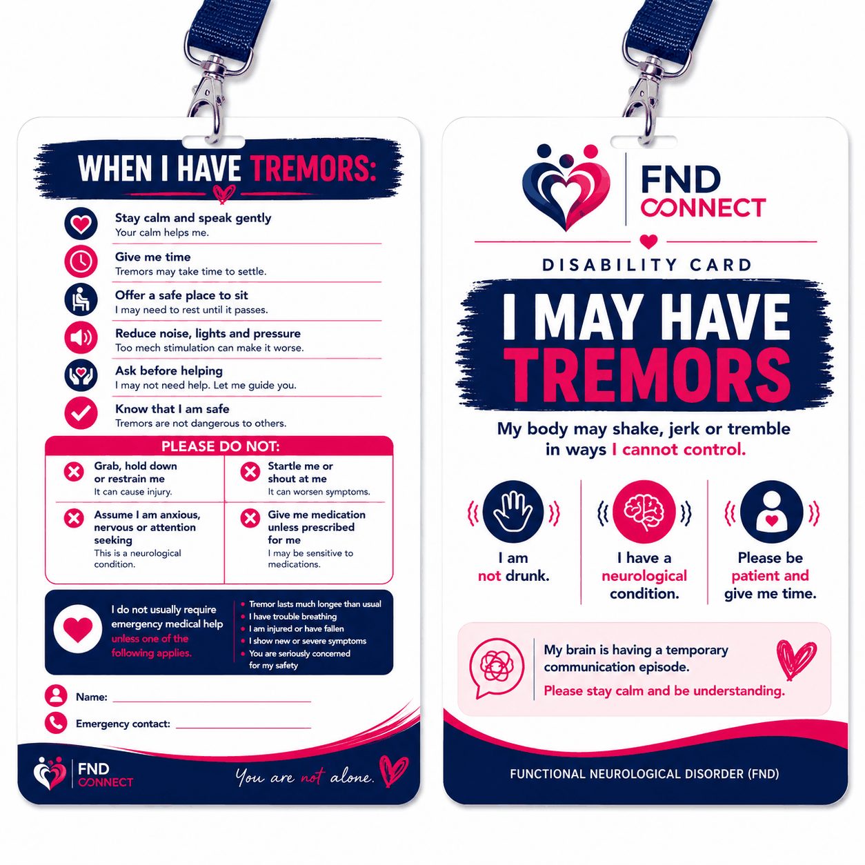 FND Connect I May Have Tremors disability card on a lanyard