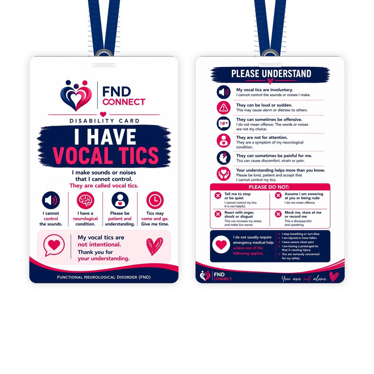 FND Connect I Have Vocal Tics disability card on a lanyard