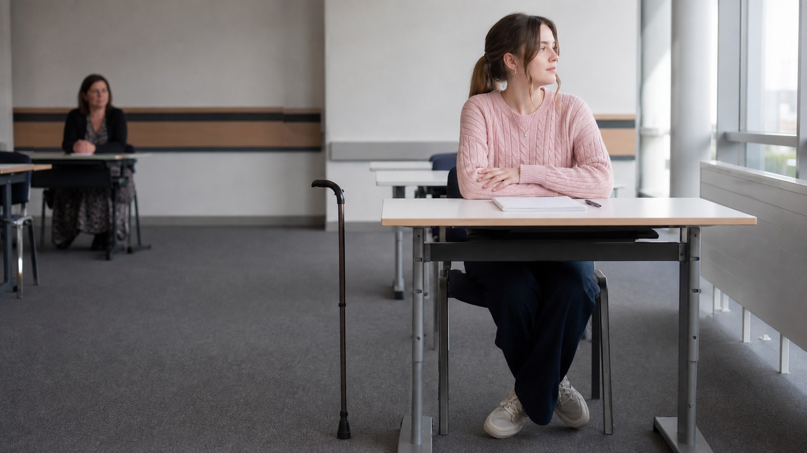 A student taking a calm supervised rest break at a desk in a quiet exam room, with a walking stick beside the chair