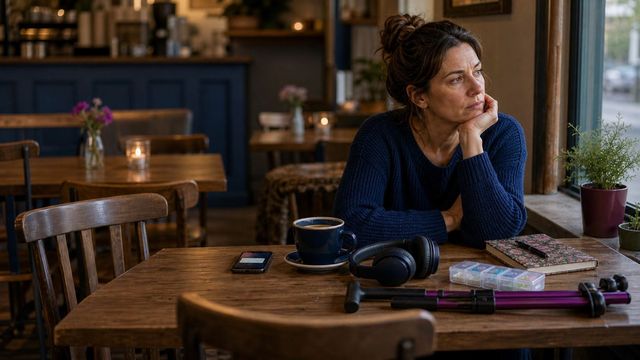 A thoughtful person sitting alone at a café table surrounded by empty chairs with a phone, headphones, symptom diary and folded walking stick nearby