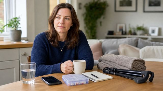 A person sitting at a home table with a drink, notebook, phone, medication organiser, blanket and folded walking stick nearby