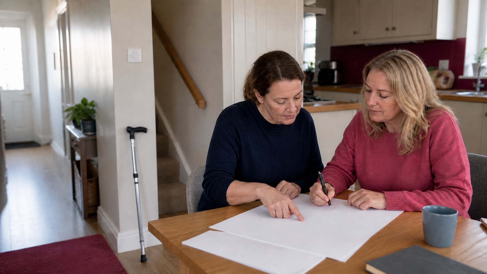 A resident and occupational therapist discussing home access needs at a table, with a walking stick and stair handrail nearby