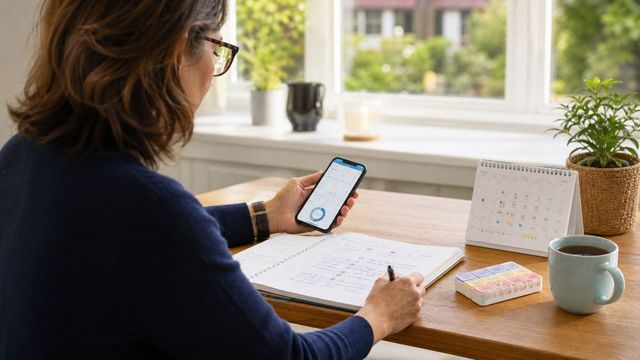 A person reviewing a seizure tracking app beside a symptom notebook, medicine organiser and period calendar