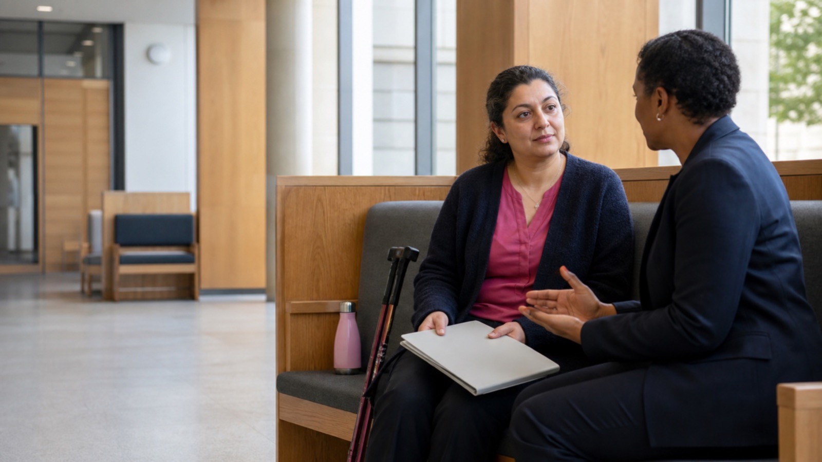 An adult with a walking stick discusses access needs with a court staff member in a quiet courthouse waiting area