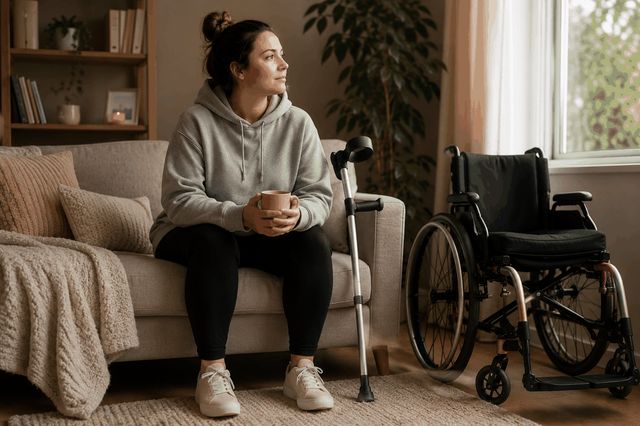 An empty manual wheelchair with a walking stick leaning against it, beside a potted plant in soft daylight