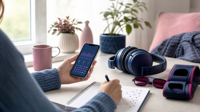 A calm home workspace with sensory supports, tinted glasses, a joint brace and a symptom tracking phone