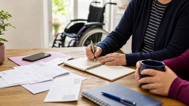 A person planning benefits evidence at a kitchen table with a wheelchair in the background