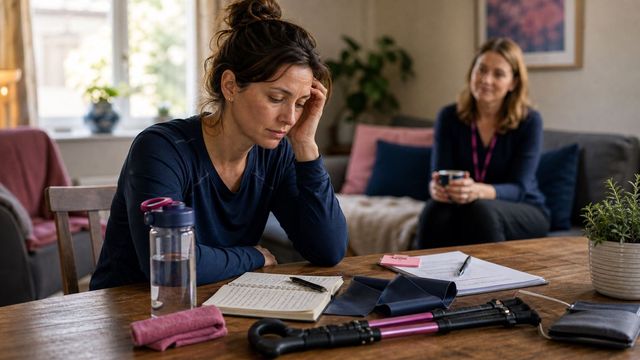 A tired person at a home rehabilitation table with a resistance band, diary, water and walking stick while a supportive professional sits nearby