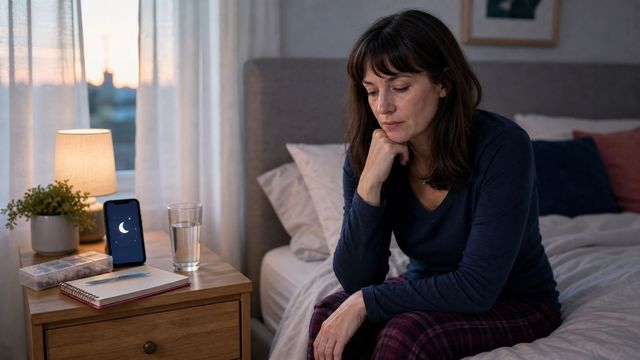 A tired person sitting on a bed at dawn with water, a notebook and a bedside sleep routine