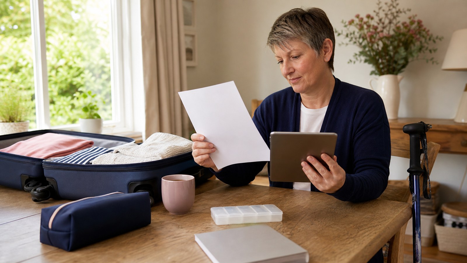 A traveller seated at home reviewing blank insurance information beside an open suitcase, medicine organiser and walking stick