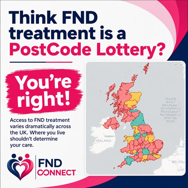 FND Connect graphic asking if FND treatment is a postcode lottery, with a colour-coded UK map of uneven access