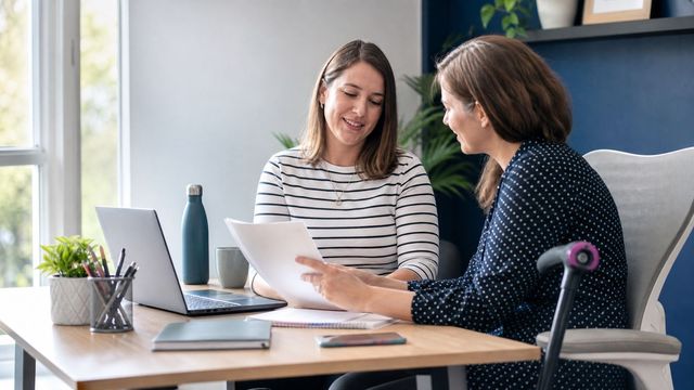 A worker and manager reviewing a workplace adjustment plan at a desk