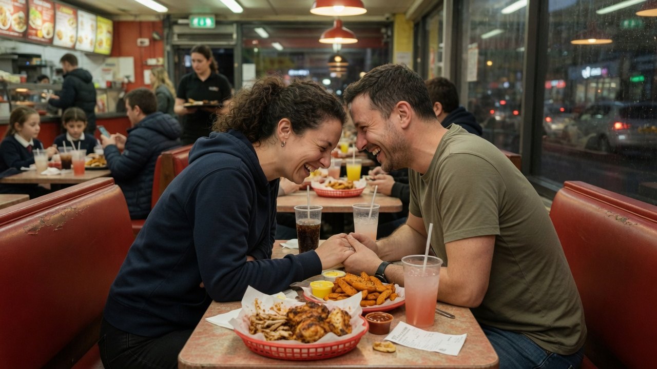 A couple laughing together over chicken and wedges in a busy casual restaurant booth