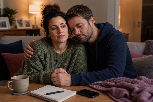 A tired couple holding hands at home while supporting each other