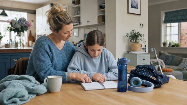 A parent and child sitting together at a kitchen table with a notebook, headphones, water bottle and mobility aid nearby