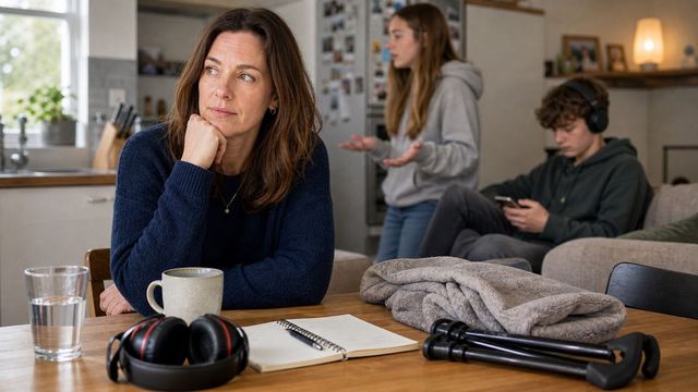A parent sitting at a kitchen table with headphones, notebook, blanket and walking stick nearby while two teenagers are in the background