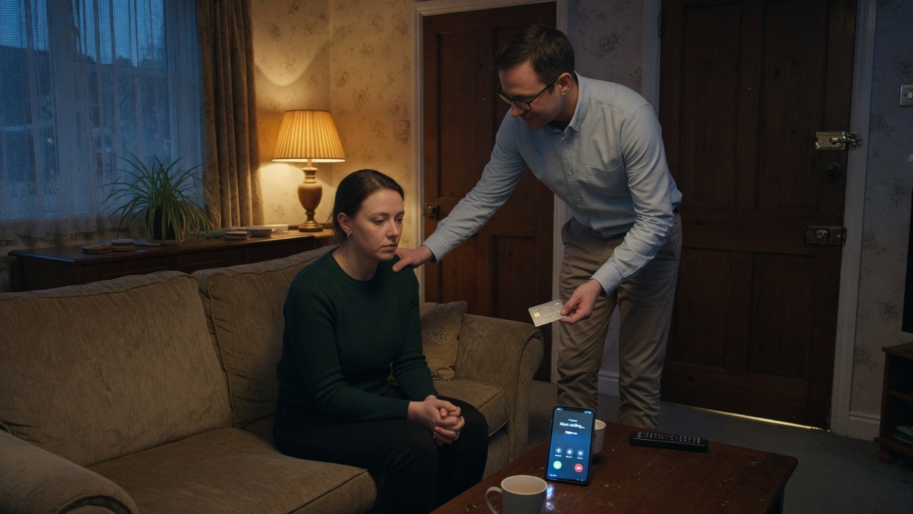 A partner stands over a seated adult, holding a bank card, while a family call lights up the phone and a door behind them stays locked