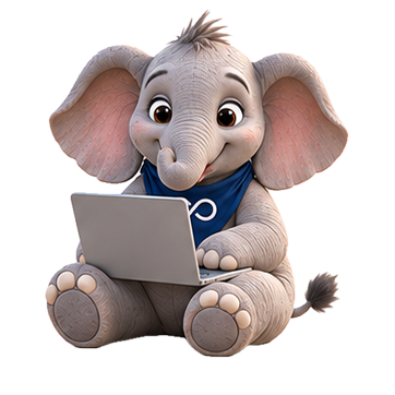 Eric, FND Connect’s elephant mascot, using a laptop to explore digital tools