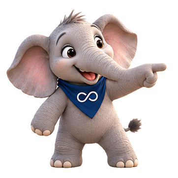 Eric, FND Connect’s elephant mascot, pointing towards ways to help