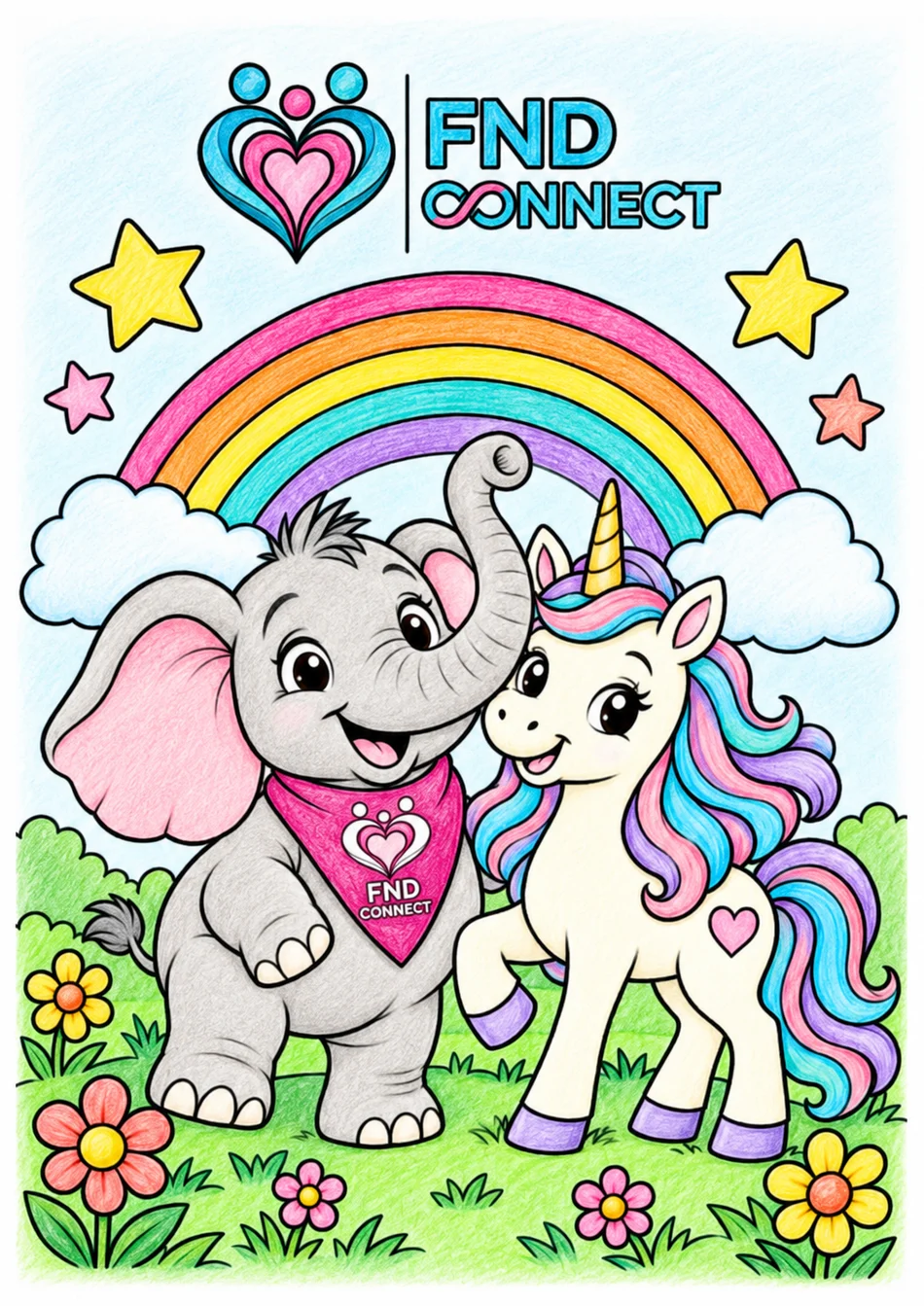 A coloured example of Eric the elephant with a unicorn, rainbow and flowers from the kids’ colouring pack.