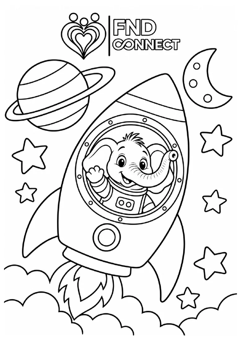 Eric waving from a rocket, surrounded by planets and stars — an original page from the kids’ pack.