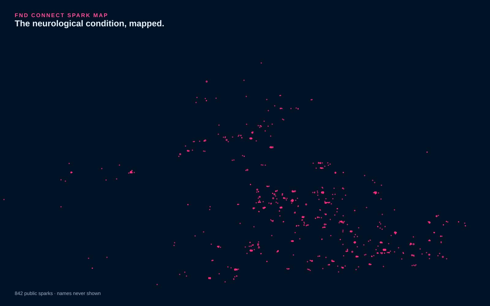 Data plot of real FND Connect Spark Map points across the United Kingdom, with no names shown