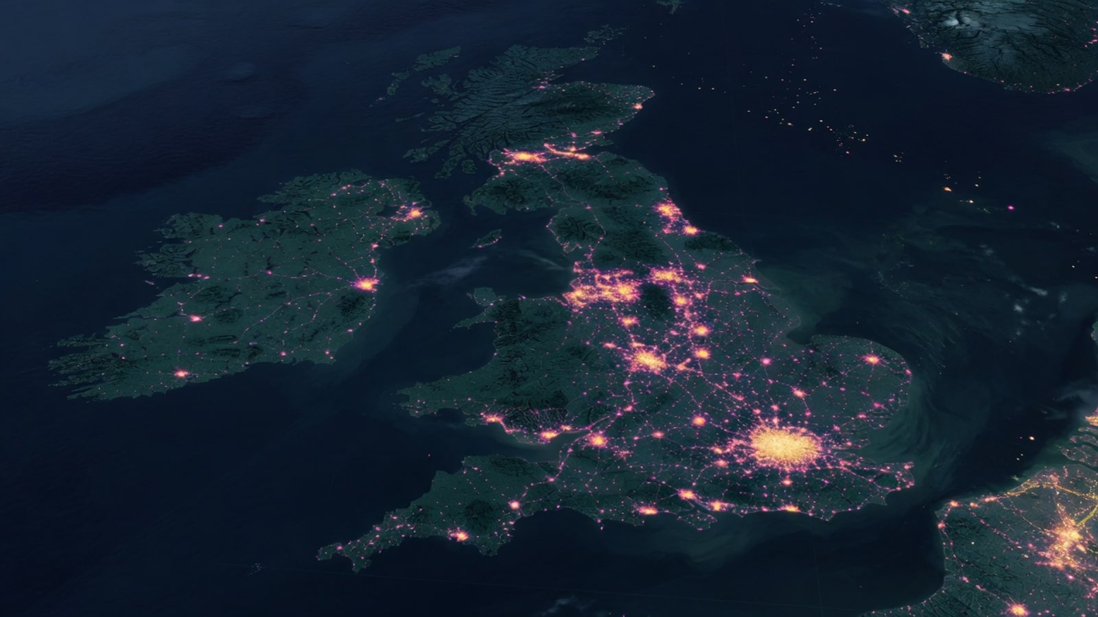 Night view of the United Kingdom lit with magenta and gold points, illustrating Functional Neurological Disorder across the country