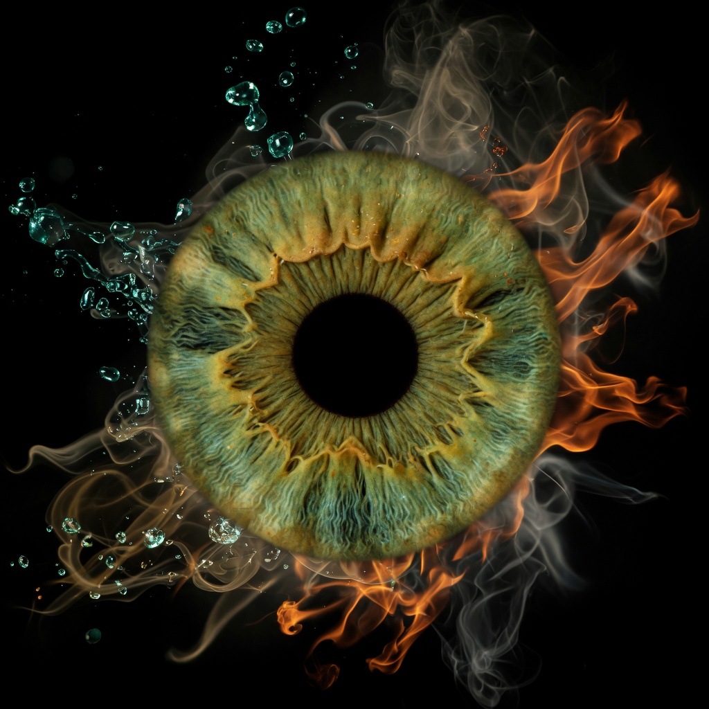 Close-up iris artwork with fire, water splash and smoke on a black background