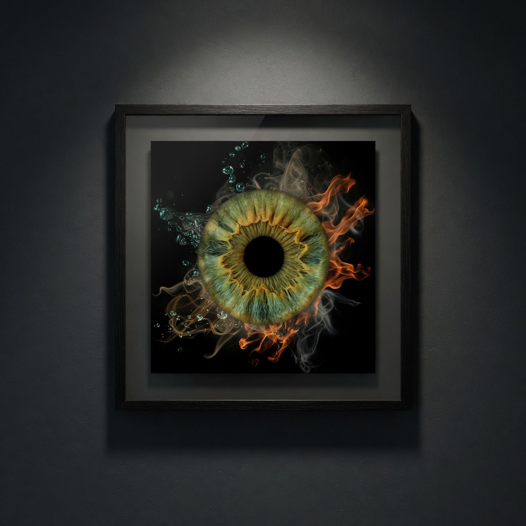 Windows to the Soul iris print in a black wooden frame on a dark wall