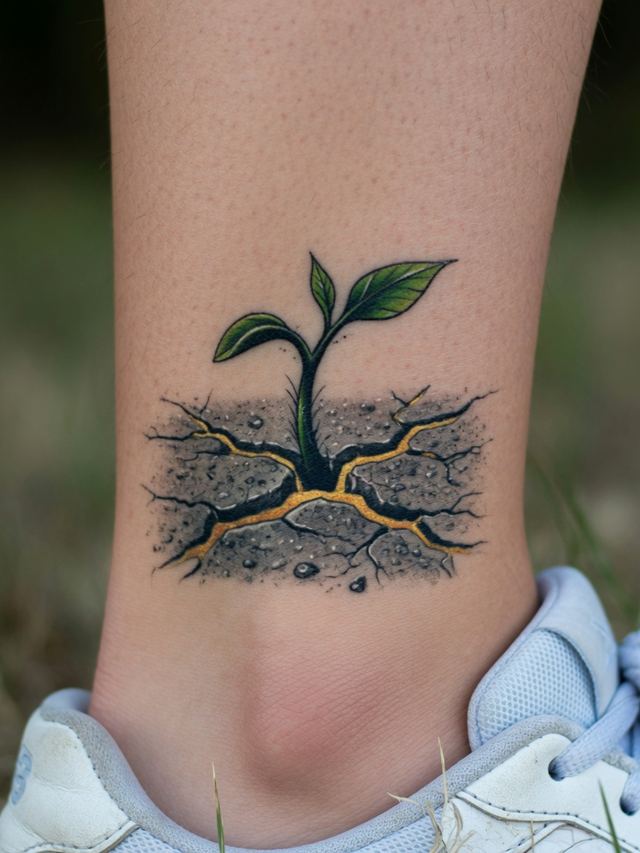 On-skin mockup of a seedling tattoo cracking gold-lined pavement on a young adult ankle above a trainer.