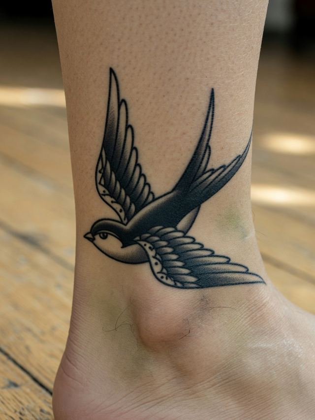 On-skin mockup of a black and grey traditional swallow tattoo on an adult ankle.