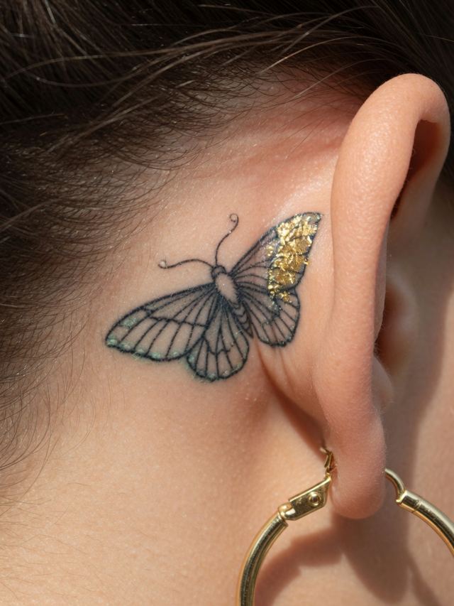 On-skin mockup of a small moth tattoo with one gold-leaf wing behind an adult's ear.