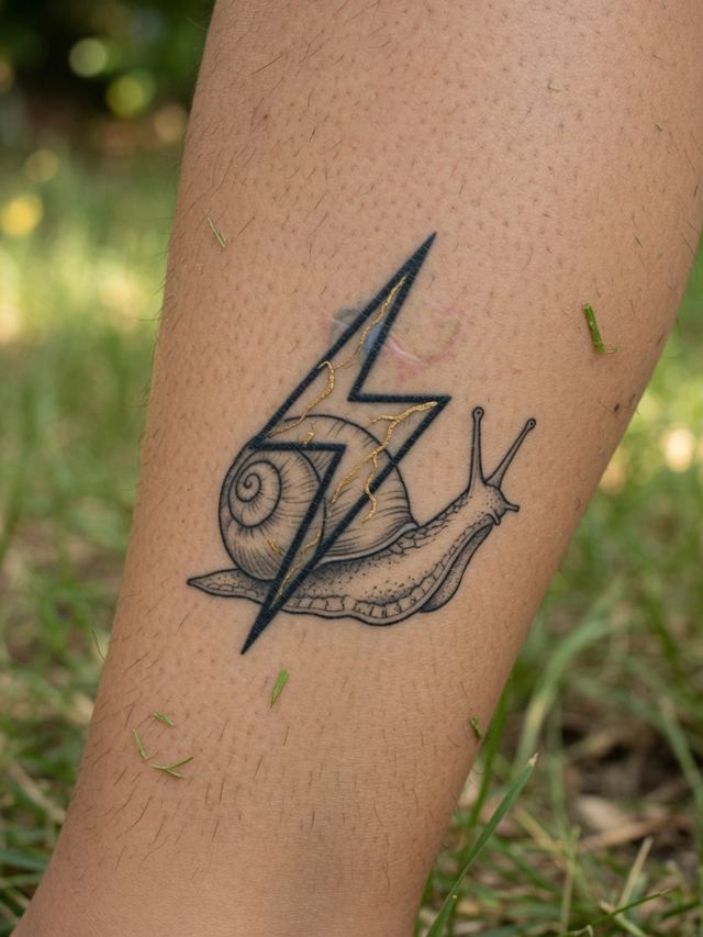On-skin mockup of a snail tattoo whose shell is a lightning bolt with gold kintsugi, on an adult calf.