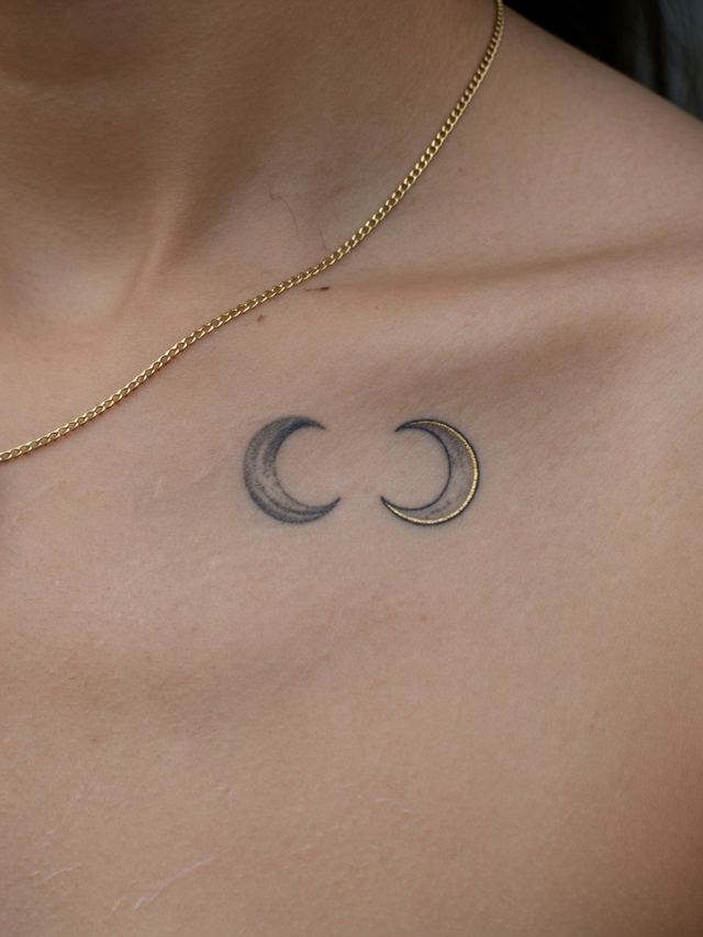 On-skin mockup of two small crescent-moon tattoos on a young adult collarbone, one edged in gold.